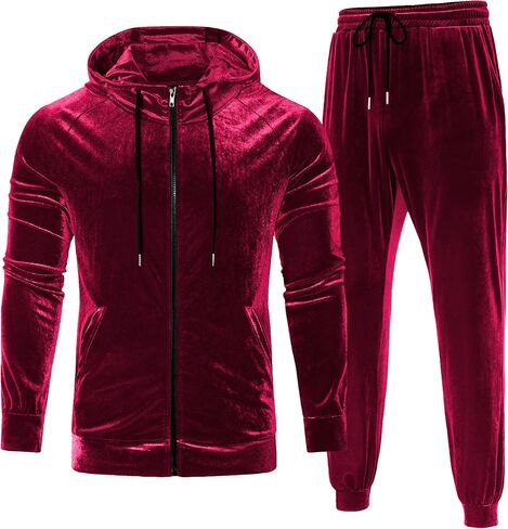 LecGee Men's 2 Piece Velvet Tracksuit Full Zip Turtleneck Hooded Jacket and Casual Jogger Pants Matching Velour Sweatsuit Set in Saudi Arabia