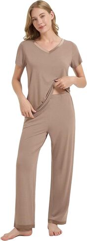 WiWi Viscose from Bamboo Womens Pajamas Set Soft V Neck Sleepwear Short Sleeve Top with Pant Lightweight S-3X in Kuwait