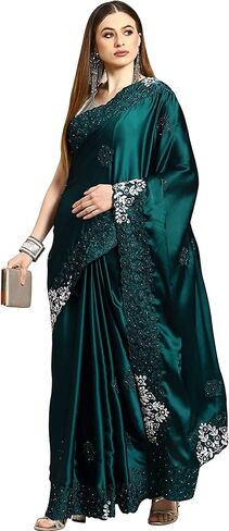 TRENDMALLS Women's Crape Silk Heavy Embroidred Saree with Unstitch Blouse Piece (K956-Black) in Saudi Arabia
