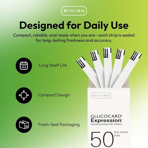 شرائط اختبار الجلوكوز في الدم من ARKRAY GLUCOCARD - بدون ترميز، 0.8 ميكروليتر ونتائج سريعة خلال 6 ثوانٍ - متوافقة مع جهاز قياس السكر في الدم من GLUCOCARD - عدد 200 (4 عبوات من 50) in Kuwait