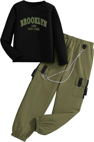 مجموعة ملابس رقص الهيب هوب للفتيات لربيع وخريف مكونة من قطعتين وأكمام طويلة وسراويل كارجو in Kuwait