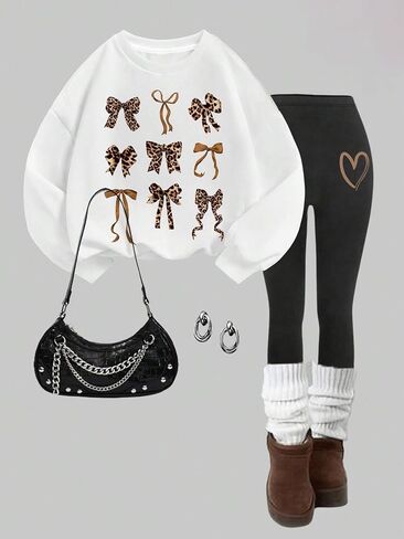 Girl's 2 Piece Outfits Bow Knot Graphic Long Sleeve Pullover Sweatshirt and Leggings Set in Saudi Arabia