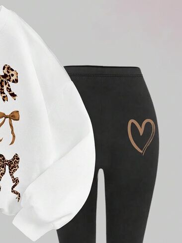 Girl's 2 Piece Outfits Bow Knot Graphic Long Sleeve Pullover Sweatshirt and Leggings Set in Saudi Arabia