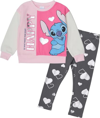 طقم سويت شيرت وسروال ضيق للفتيات من Disney Stitch مع طباعة قلب، طقم مكون من قطعتين in Kuwait