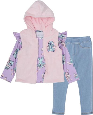 Disney Stitch Girls’ 3-Piece Outfit Set with Fuzzy Vest, Long-Sleeve Top, and Jeggings in Kuwait
