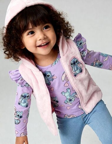 Disney Stitch Girls’ 3-Piece Outfit Set with Fuzzy Vest, Long-Sleeve Top, and Jeggings in Kuwait