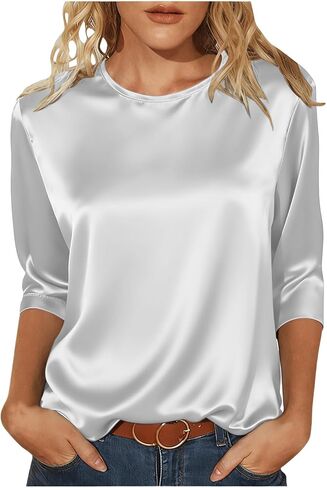 Womens Silk Satin Tops 3/4 Length Sleeve Shirts Round Neck Loose Casual Blouses Business Work Dressy Tshirts Outfits in Saudi Arabia