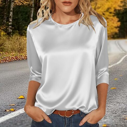 Womens Silk Satin Tops 3/4 Length Sleeve Shirts Round Neck Loose Casual Blouses Business Work Dressy Tshirts Outfits in Saudi Arabia