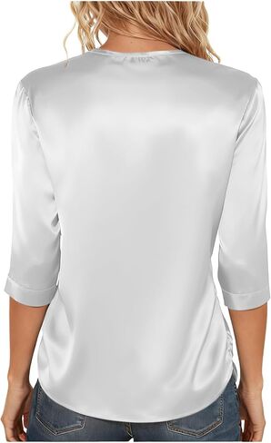 Womens Silk Satin Tops 3/4 Length Sleeve Shirts Round Neck Loose Casual Blouses Business Work Dressy Tshirts Outfits in Saudi Arabia