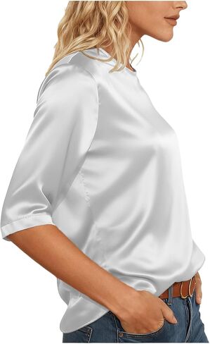 Womens Silk Satin Tops 3/4 Length Sleeve Shirts Round Neck Loose Casual Blouses Business Work Dressy Tshirts Outfits in Saudi Arabia