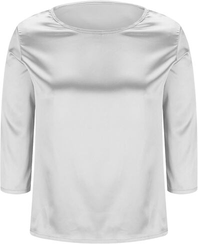 Womens Silk Satin Tops 3/4 Length Sleeve Shirts Round Neck Loose Casual Blouses Business Work Dressy Tshirts Outfits in Saudi Arabia