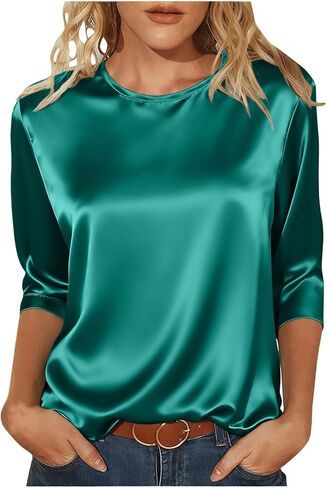 Womens Silk Satin Tops 3/4 Length Sleeve Shirts Round Neck Loose Casual Blouses Business Work Dressy Tshirts Outfits in Saudi Arabia