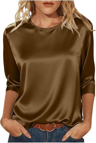 Womens Silk Satin Tops 3/4 Length Sleeve Shirts Round Neck Loose Casual Blouses Business Work Dressy Tshirts Outfits in Saudi Arabia