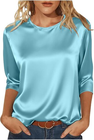 Womens Silk Satin Tops 3/4 Length Sleeve Shirts Round Neck Loose Casual Blouses Business Work Dressy Tshirts Outfits in Saudi Arabia