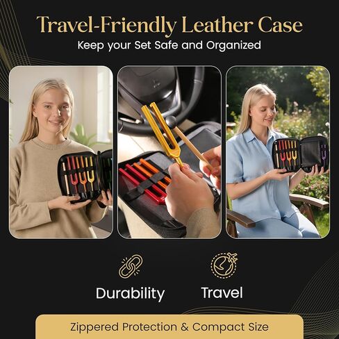 مجموعة شوكات ضبط مع بطاقات تأكيد إيجابية للاهتزاز وعافية التردد - 7 قطع من أدوات صوت مرمزة بالألوان لترددات سولفيجيو مع حقيبة واقية، ومطرقة، وقماش، ودليل. in Kuwait