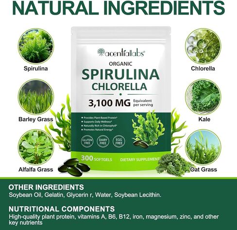 كبسولات هلامية سبيرولينا وكلوريلا سوبر جرينز، 3.100 مجم مكافئ لكل حصة، مزيج 17 في 1 من الخضروات الفائقة، بروتين نباتي، غني بشكل طبيعي بالكلوروفيل، خالي من الغلوتين، خالي من منتجات الألبان، خالي من البيض in Kuwait