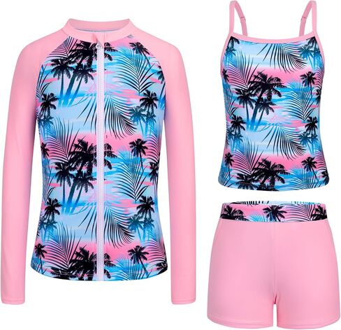 ملابس سباحة للفتيات من Rash Guard بأكمام طويلة 3 قطع للمراهقات، بدلة استحمام بسحاب مع جيوب، شورت للأولاد (6-16 سنة) in Kuwait