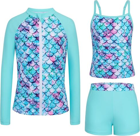 ملابس سباحة للفتيات من Rash Guard بأكمام طويلة 3 قطع للمراهقات، بدلة استحمام بسحاب مع جيوب، شورت للأولاد (6-16 سنة) in Kuwait