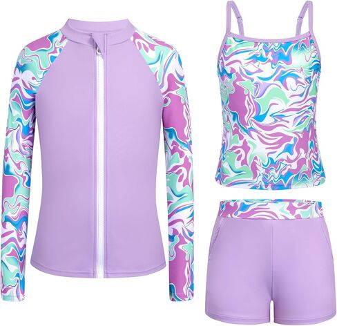 ملابس سباحة للفتيات من Rash Guard بأكمام طويلة 3 قطع للمراهقات، بدلة استحمام بسحاب مع جيوب، شورت للأولاد (6-16 سنة) in Kuwait