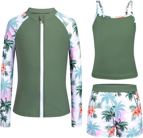 ملابس سباحة للفتيات من Rash Guard بأكمام طويلة 3 قطع للمراهقات، بدلة استحمام بسحاب مع جيوب، شورت للأولاد (6-16 سنة) in Kuwait