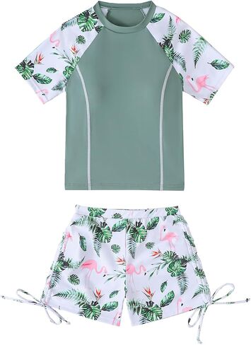 Girls Rash Guard Swimsuit 2-Piece Short Sleeve Bathing Suit UPF 50+ Summer Swimwear Size 9-14T in Saudi Arabia