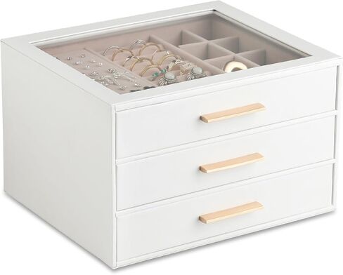 Frebeauty Clear Lid Jewelry Box,3-Layer Jewelry Organizer with Drawer,PU Leather Jewelry Organizers and Storage,Jewelry Boxes for Women,Jewelry Storage for Rings Earring Stud,Gift for Women(White) in Saudi Arabia