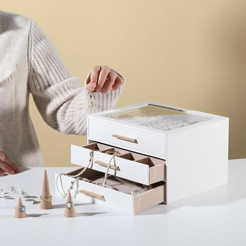 Frebeauty Clear Lid Jewelry Box,3-Layer Jewelry Organizer with Drawer,PU Leather Jewelry Organizers and Storage,Jewelry Boxes for Women,Jewelry Storage for Rings Earring Stud,Gift for Women(White) in Saudi Arabia