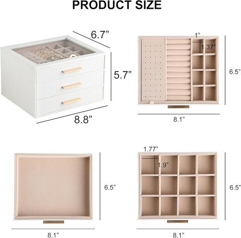 Frebeauty Clear Lid Jewelry Box,3-Layer Jewelry Organizer with Drawer,PU Leather Jewelry Organizers and Storage,Jewelry Boxes for Women,Jewelry Storage for Rings Earring Stud,Gift for Women(White) in Saudi Arabia