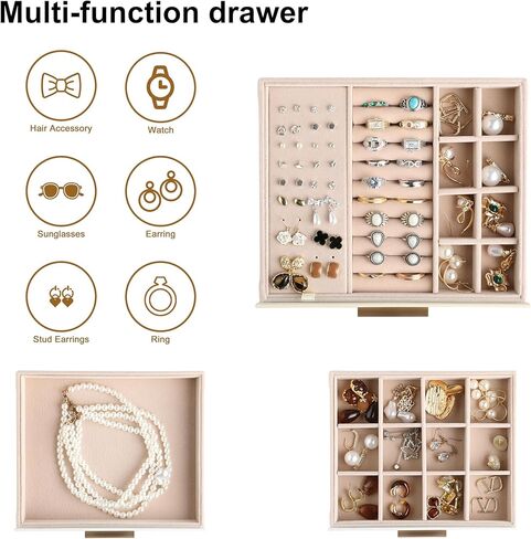 Frebeauty Clear Lid Jewelry Box,3-Layer Jewelry Organizer with Drawer,PU Leather Jewelry Organizers and Storage,Jewelry Boxes for Women,Jewelry Storage for Rings Earring Stud,Gift for Women(White) in Saudi Arabia