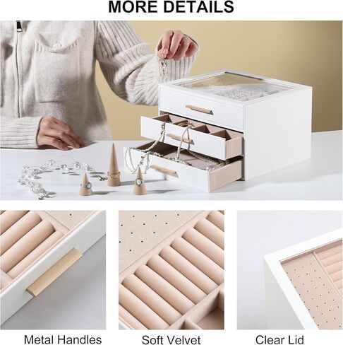 Frebeauty Clear Lid Jewelry Box,3-Layer Jewelry Organizer with Drawer,PU Leather Jewelry Organizers and Storage,Jewelry Boxes for Women,Jewelry Storage for Rings Earring Stud,Gift for Women(White) in Saudi Arabia