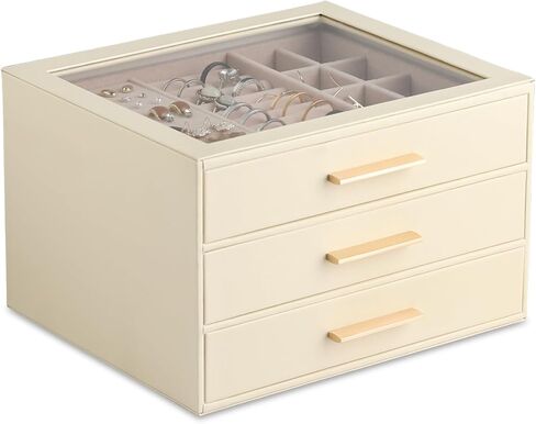 Frebeauty Clear Lid Jewelry Box,3-Layer Jewelry Organizer with Drawer,PU Leather Jewelry Organizers and Storage,Jewelry Boxes for Women,Jewelry Storage for Rings Earring Stud,Gift for Women(White) in Saudi Arabia