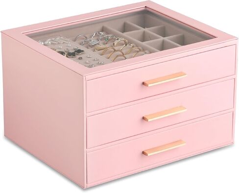 Frebeauty Clear Lid Jewelry Box,3-Layer Jewelry Organizer with Drawer,PU Leather Jewelry Organizers and Storage,Jewelry Boxes for Women,Jewelry Storage for Rings Earring Stud,Gift for Women(White) in Saudi Arabia