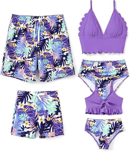 Family Matching Solid Scallop Trim Strappy Two-Piece Swimsuit and Allover Floral Print Swim Trunks Shorts in Saudi Arabia