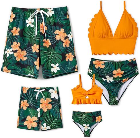 Family Matching Solid Scallop Trim Strappy Two-Piece Swimsuit and Allover Floral Print Swim Trunks Shorts in Saudi Arabia