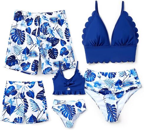 Family Matching Solid Scallop Trim Strappy Two-Piece Swimsuit and Allover Floral Print Swim Trunks Shorts in Saudi Arabia