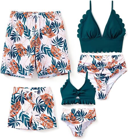 Family Matching Solid Scallop Trim Strappy Two-Piece Swimsuit and Allover Floral Print Swim Trunks Shorts in Saudi Arabia