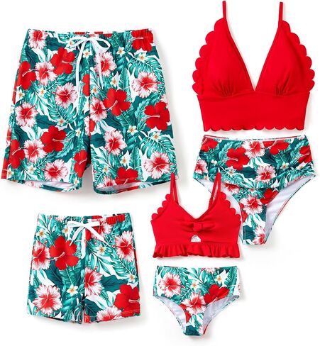 Family Matching Solid Scallop Trim Strappy Two-Piece Swimsuit and Allover Floral Print Swim Trunks Shorts in Saudi Arabia