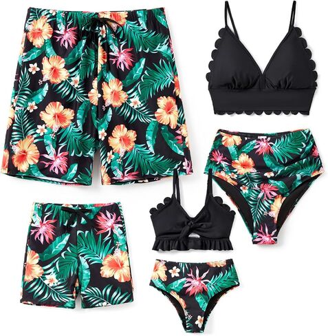 Family Matching Solid Scallop Trim Strappy Two-Piece Swimsuit and Allover Floral Print Swim Trunks Shorts in Saudi Arabia