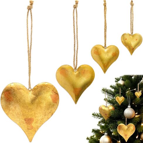 Christmas Decorations, Set of 4 Christmas Bells for Decoration, Metal Heart Decorative Bells Vintage Decor, Handmade Vintage Heart Hanging Bell with Jute Hanging Rope in Kuwait