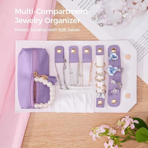 Travel Jewelry Organizer Case,PU Leather Roll for Small Jewelry, Tangle-Free Designed for Necklaces, Compact Jewelry Holder for Earrings, Rings & Bracelets.(Purple) in Saudi Arabia