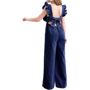 Girls' Bowknot Open Back Denim Jumpsuit Ruffle Sleeveless Square Neck Overall Jeans in Saudi Arabia
