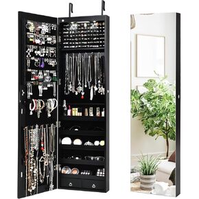 مرآة NAFORT 2 LED كاملة الطول مع خزانة مجوهرات ومنظمات مجوهرات وتخزين مع خيارين للتركيب، خزانة مجوهرات بارتفاع 47.5 بوصة مع درجين، صندوق مجوهرات قابل للقفل والمكياج، بني ريفي in Kuwait