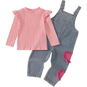 Girl Fall Outfits Flying Sleeve T-shirt+Suspender Denim Overalls 2PC Winter Clothes Set 3-8 Years in Kuwait