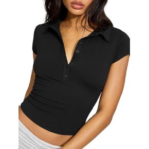 قمصان بولو نسائية مقصوصة بياقة وأزرار وياقة على شكل V وأكمام ضيقة أساسية تي شيرت صيفي غير رسمي للعمل in Kuwait
