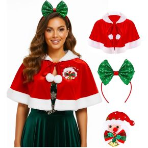 EASEDAILY Christmas Velvet Red Cape Mrs Santa Claus Short Cloak Xmas Costume Shawl with Bow Headband Hat and Brooch for Women in Saudi Arabia