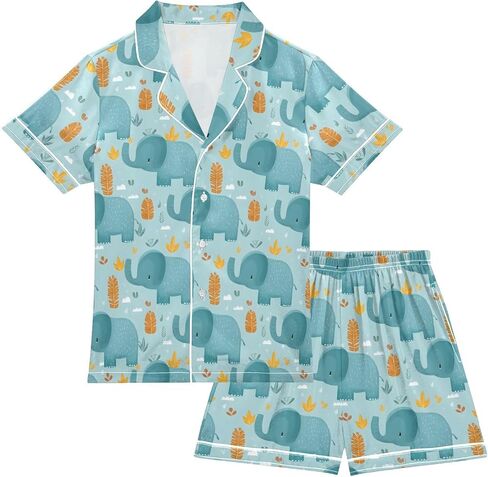 مجموعة بيجامات من الساتان مكونة من قطعتين من الحيوانات اللطيفة، ملابس نوم حريرية بأزرار سفلية، ملابس نوم صيفية in Kuwait