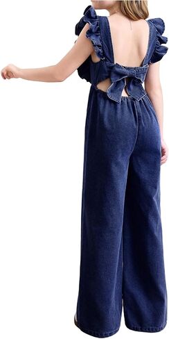 Girls' Bowknot Open Back Denim Jumpsuit Ruffle Sleeveless Square Neck Overall Jeans in Saudi Arabia