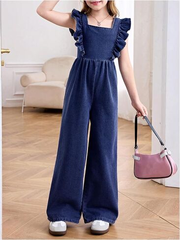 Girls' Bowknot Open Back Denim Jumpsuit Ruffle Sleeveless Square Neck Overall Jeans in Saudi Arabia