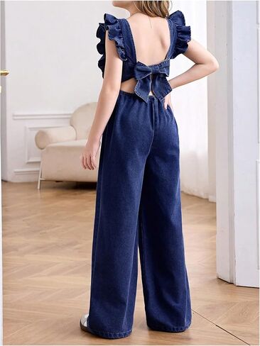 Girls' Bowknot Open Back Denim Jumpsuit Ruffle Sleeveless Square Neck Overall Jeans in Saudi Arabia