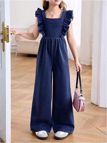 Girls' Bowknot Open Back Denim Jumpsuit Ruffle Sleeveless Square Neck Overall Jeans in Saudi Arabia